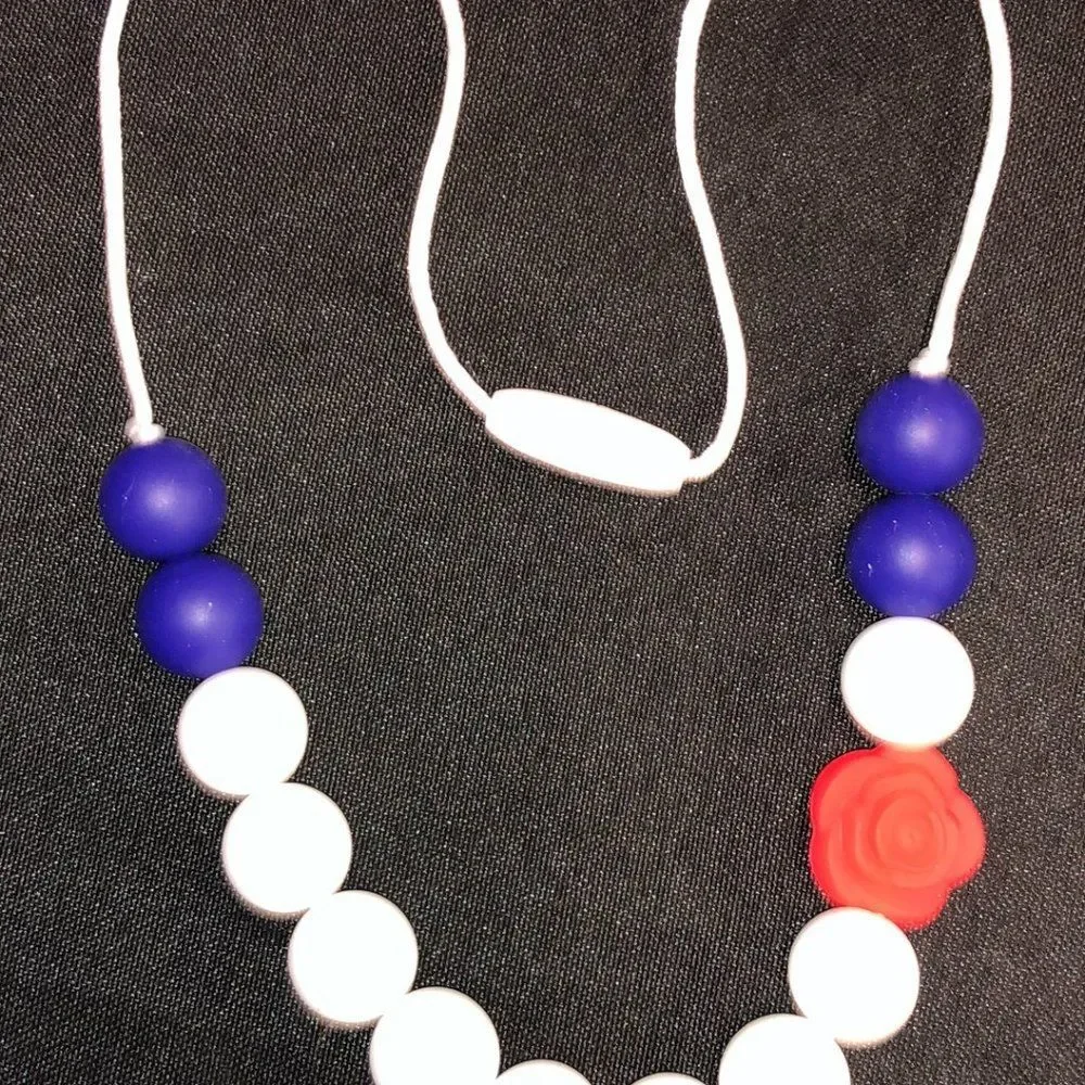 Red Rose with White & Blue Silcone Teething Necklace NK1521 Handmade NWT
